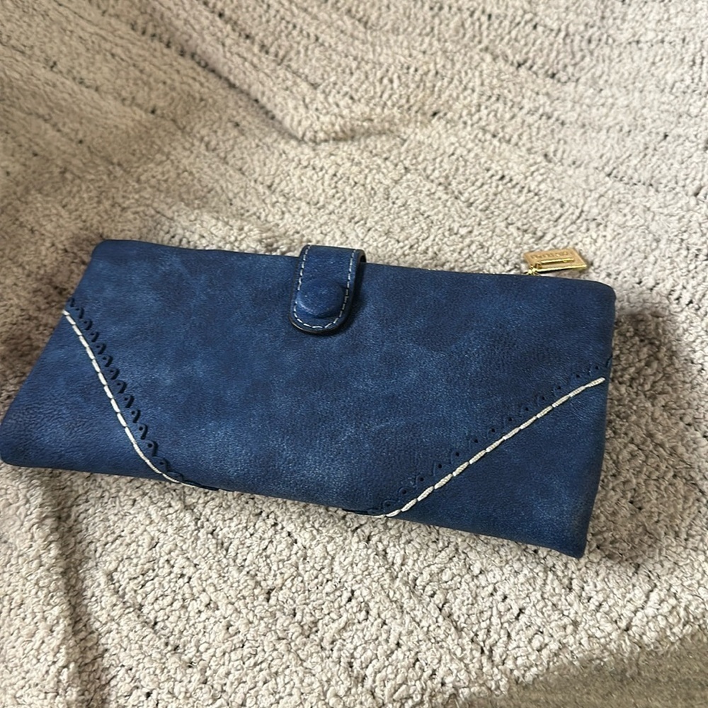 Royal Blue /white stitching/suede wallet/zipper pockets/snap closures/card slots